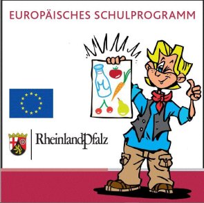 Logo Europäisches Schulprogramm. Ein Kind hält ein gemaltes Bild mit Obst und Gemüse hoch und zeigt einen Daumen hoch.